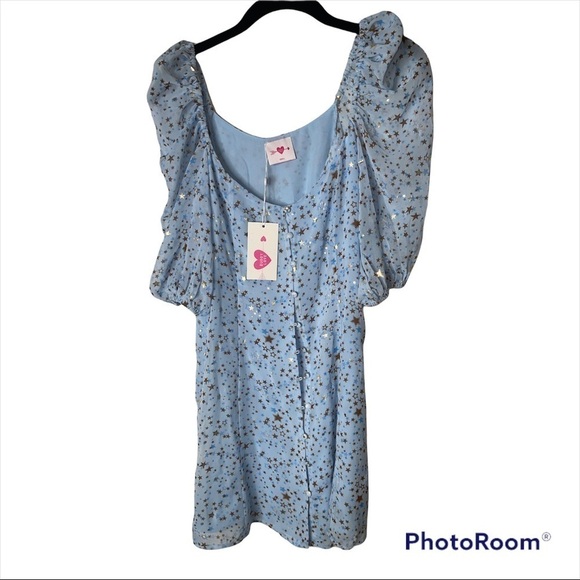NWT BUDDY LOVE Blue Jennifer Puff Sleeve Star Print Mini Dress XS Starbright - Picture 12 of 14